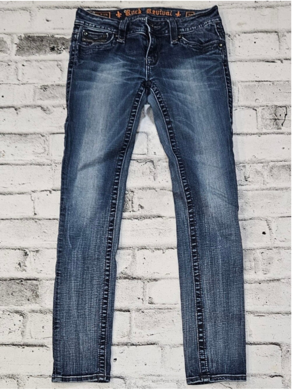 Rock Revival Jen Skinny Jeans Size 28 Rhinestone Fleur De Lis Dark Wash